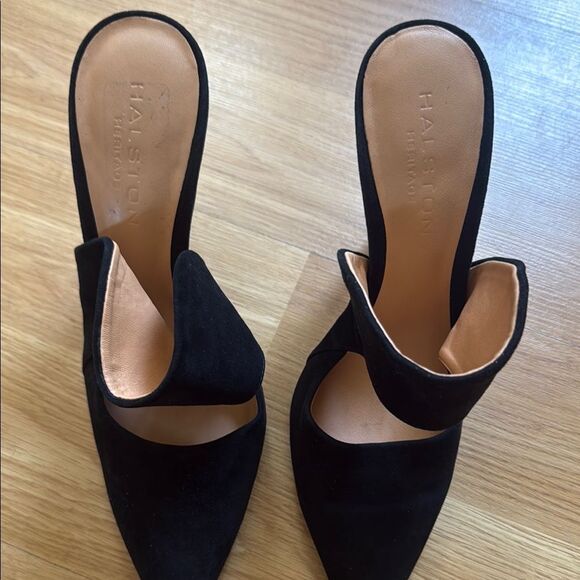 Halston Heritage Heels Black Suede Stiletto Mules Colette Size 7 Leather - Picture 4 of 9